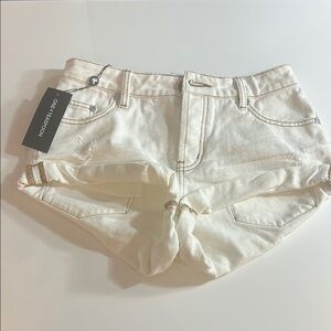 One Teaspoon Cream Distressed Jean Shorts Frayed Hem